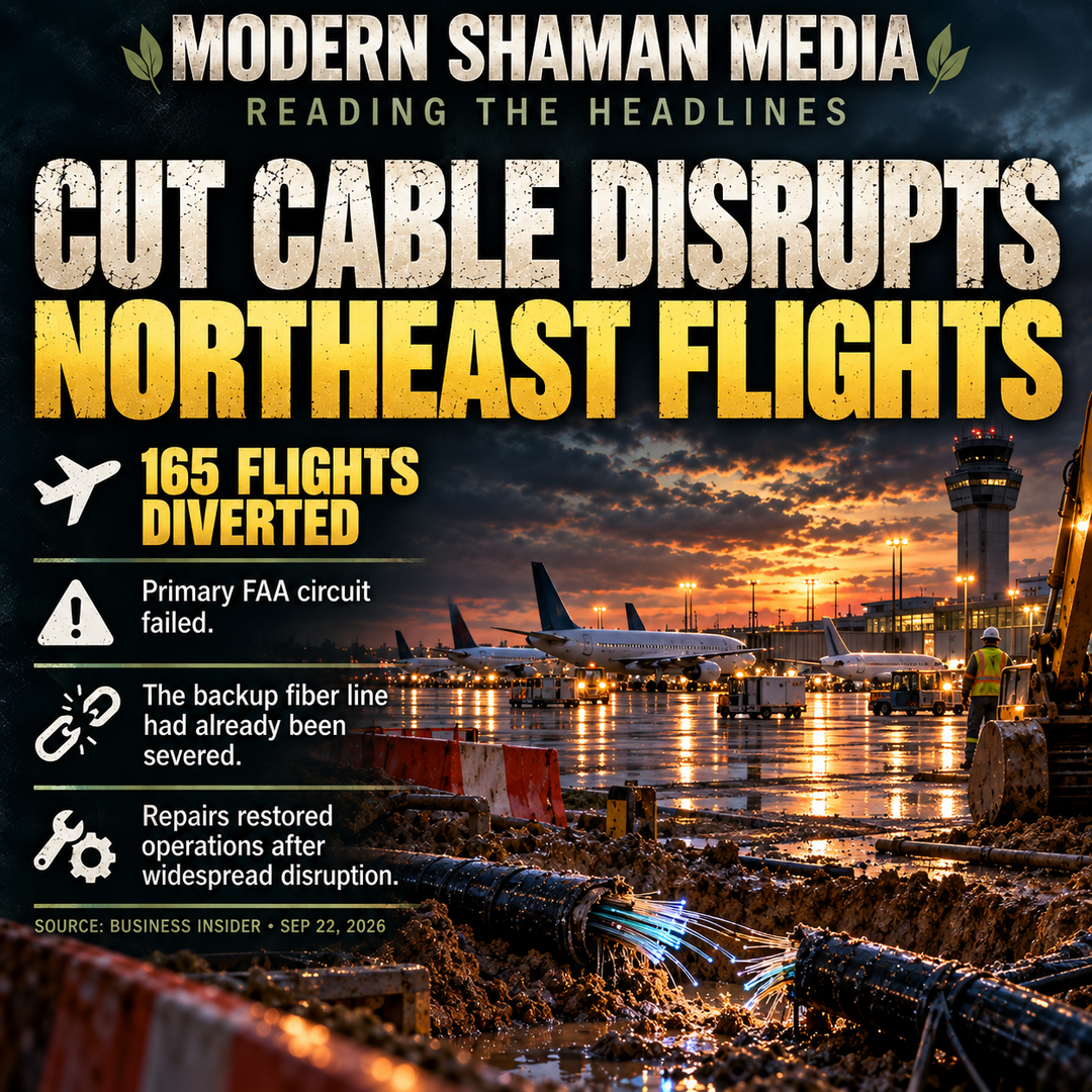 Modern Shaman Media infographic titled Cut Cable Disrupts Northeast Flights, depicting aircraft, a flight board, and a cut fiber cable