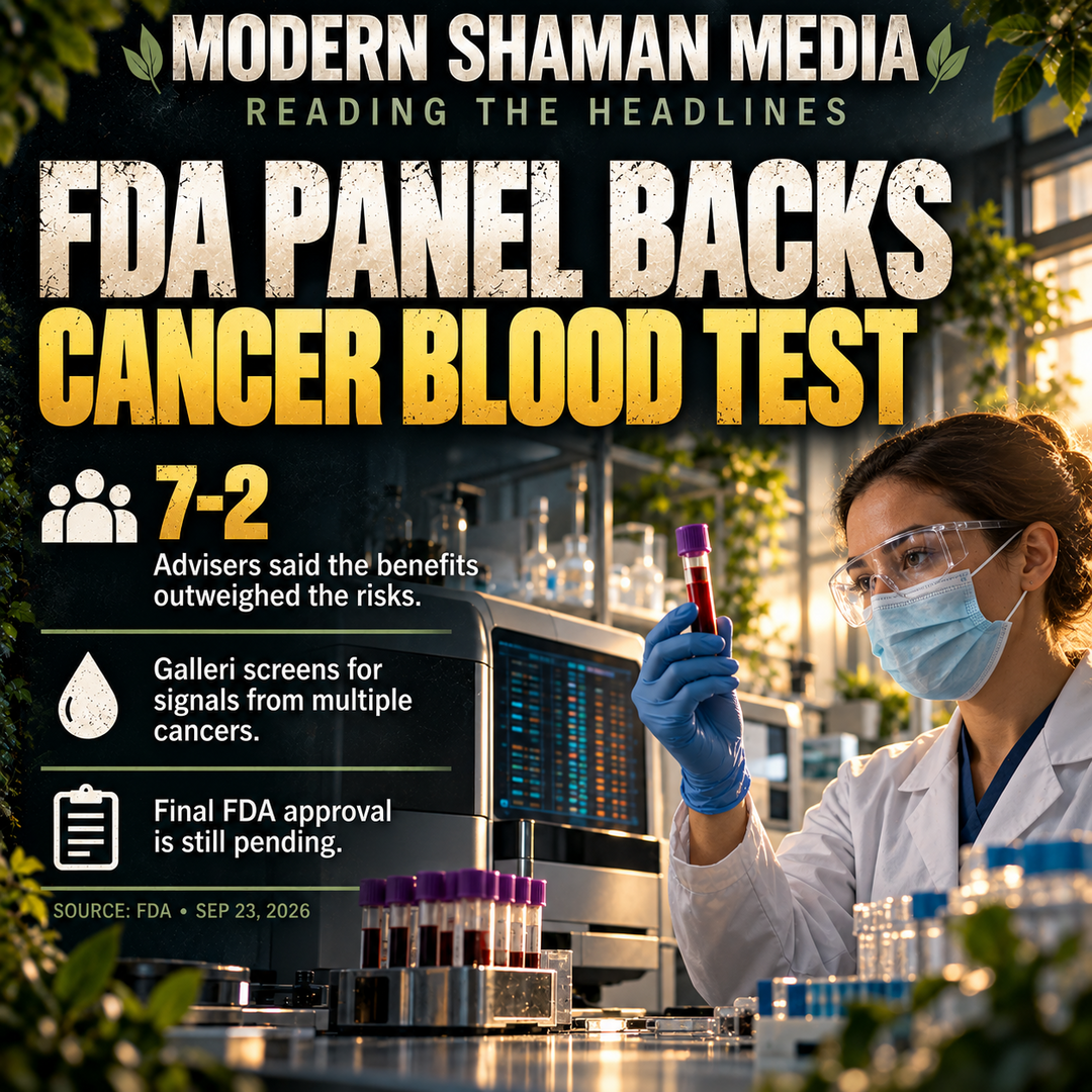Modern Shaman Media infographic titled FDA Panel Backs Cancer Blood Test, with a medical laboratory scene