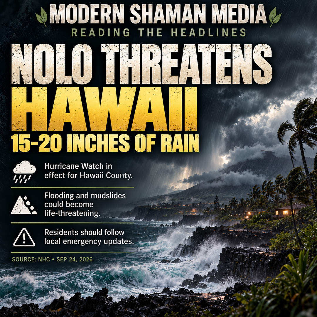 Modern Shaman Media infographic titled Nolo Threatens Hawaii, showing storm clouds, waves, and an island landscape