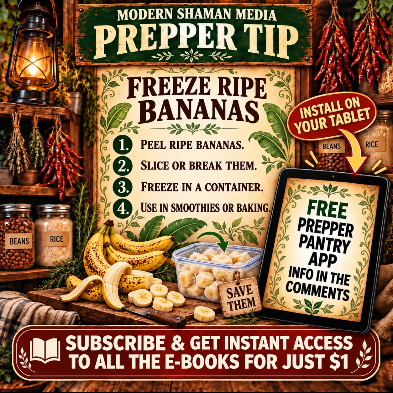 Prepper tip about freezing ripe bananas, with a tablet showing the Prepper Pantry app