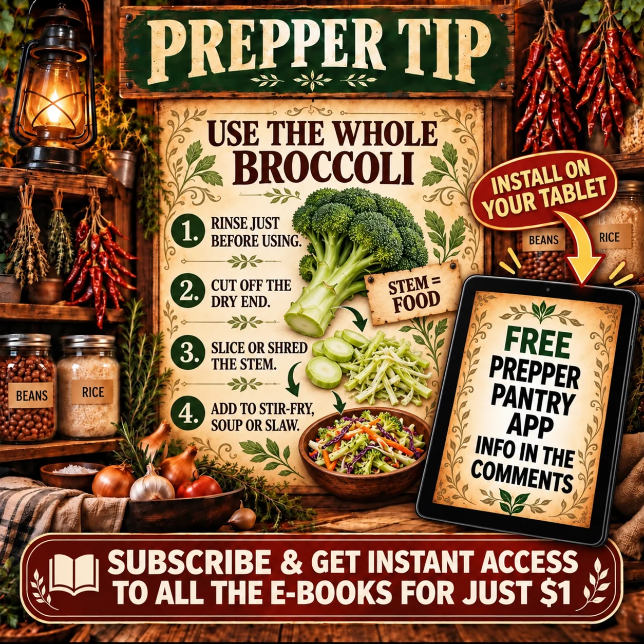 Prepper tip about using broccoli stems, with a tablet showing the Prepper Pantry app