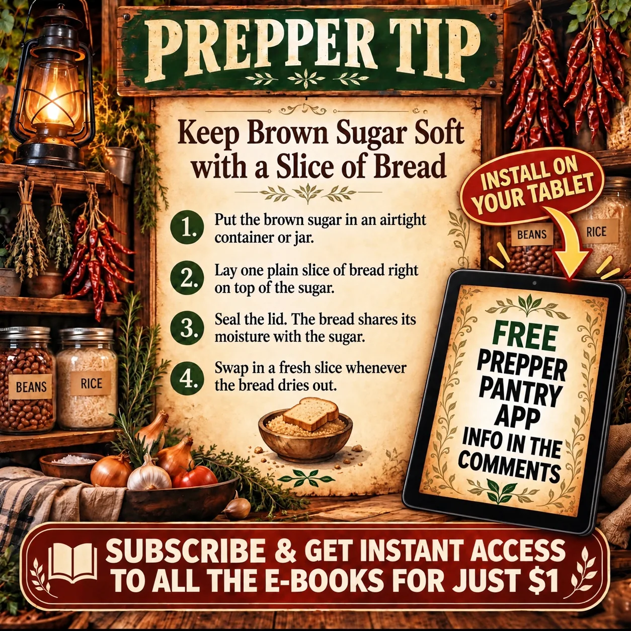 Prepper tip about keeping brown sugar soft, with a tablet showing the Prepper Pantry app