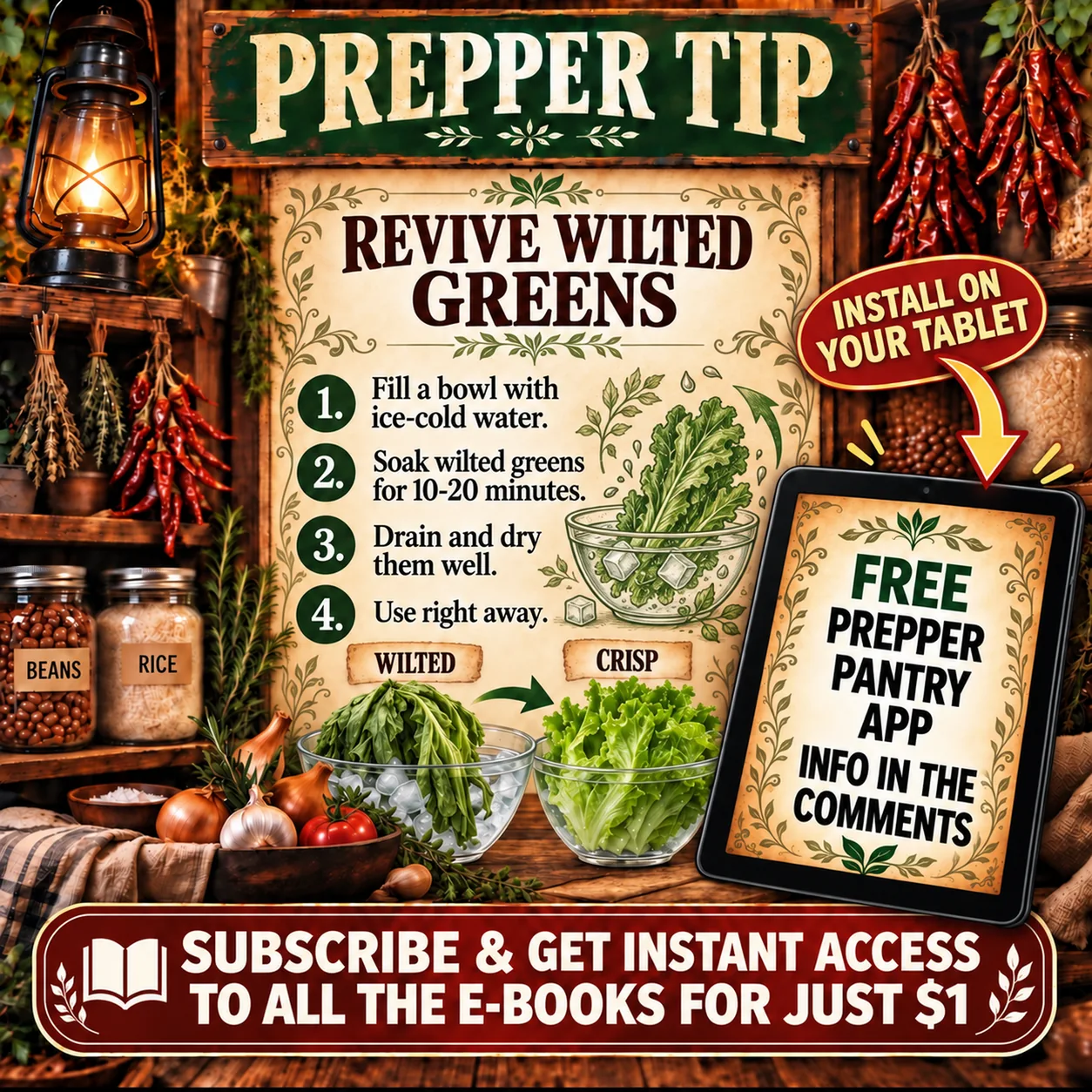 Prepper tip about reviving greens, with a tablet showing the Prepper Pantry app